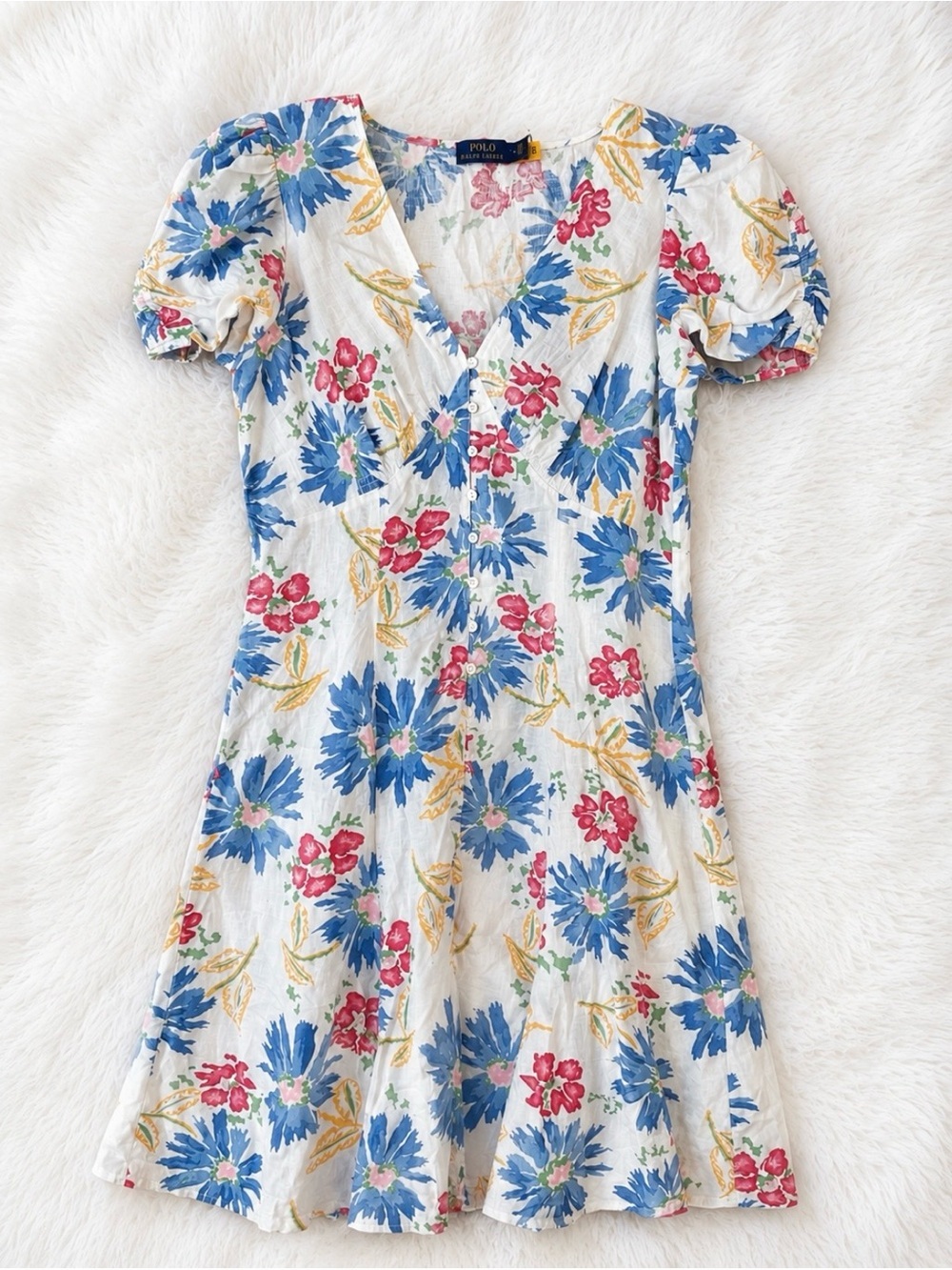 Polo Ralph Lauren 100% Linen Floral Puff Sleeve Midi Dress Women's Size 14